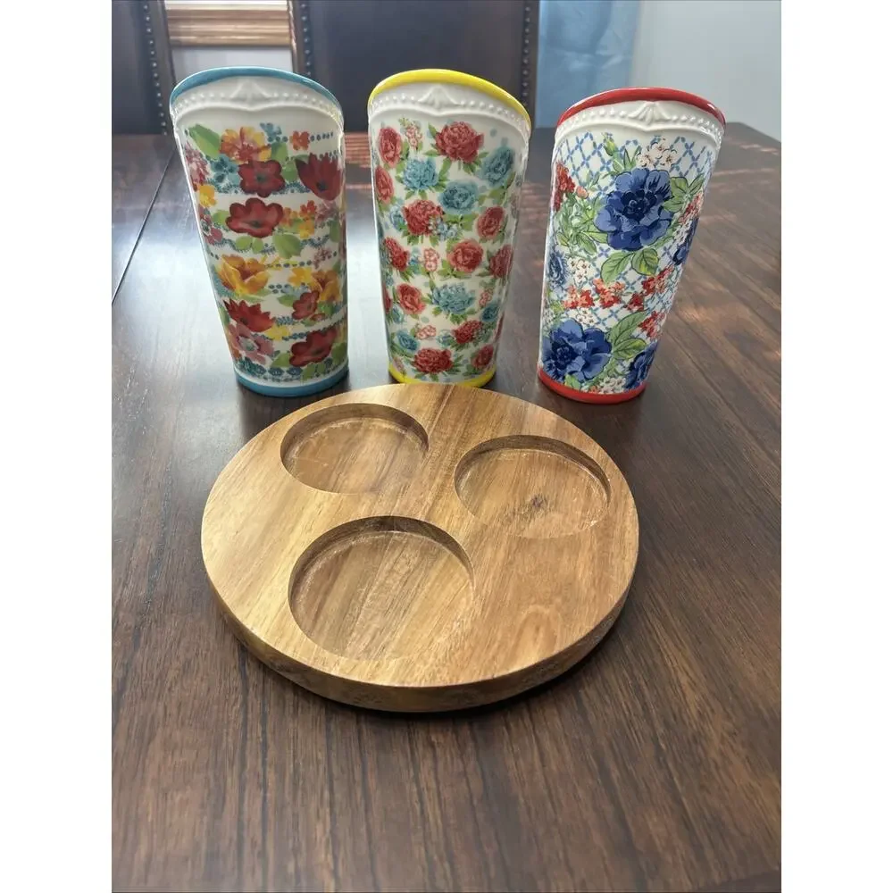 Pioneer Woman Utensil 3 Holders Floral Medley Ceramic w/Wood Base Turns Rotates
